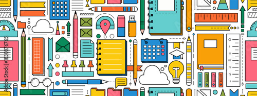 Back to school seamless pattern with study supplies and office stationery. Geometric poster of education and work concept with icons of pen, pencil, book, notebook, calendar and folders, vector illust