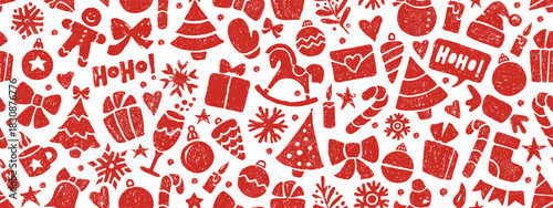 Christmas seamless pattern with crayon icons. Cute backdrop with Christmas tree, snowman, Santa hat and candy cane. Winter holiday items. Bright crayon gift box, snowflake, star and bell, vector illus