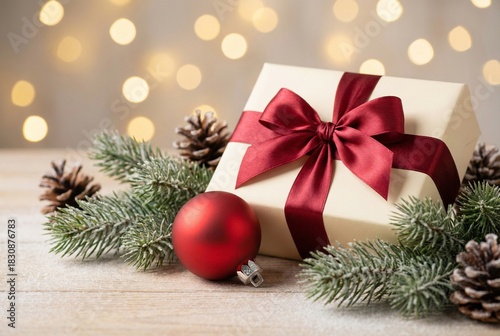 Christmas gift box with red ribbon, red bauble, pine branches and cones on wooden table with bokeh lights background