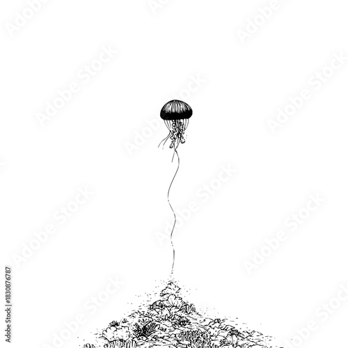 A jellyfish floating above a coral reef in a black and white drawing with a minimalistic style art style