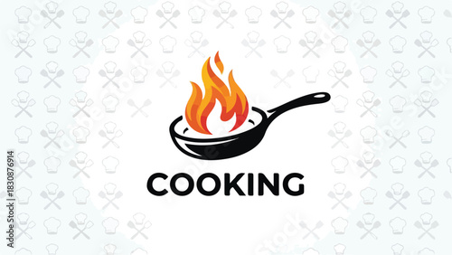 Cooking concept with flame in pan culinary art kitchen food preparation.