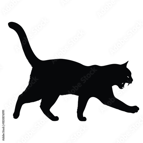 Black Cat Silhouette Aggressive Stance Roaring with Open Mouth and Raised Tail Isolated on White Background