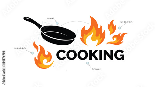 Cooking concept with pan and flames representing culinary arts and food preparation.