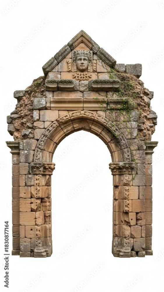 Fototapeta premium Ancient ruined stone archway with a carved keystone face, an isolated architectural element from a historic building