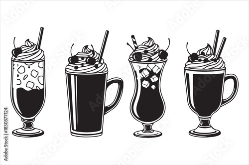 Illustrative black and white sketch of four different dessert drinks with toppings