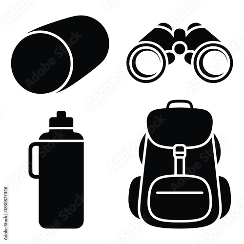 Four black icons of camping and hiking gear on a white background backpack binoculars