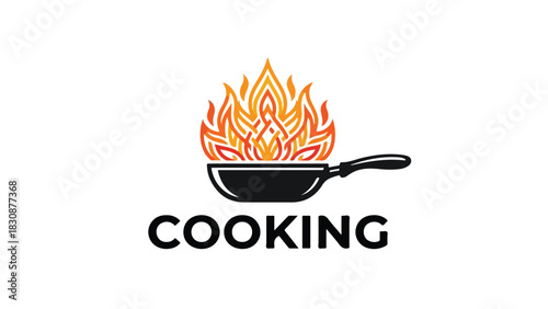 Cooking logo with a pan and fire perfect for culinary businesses.