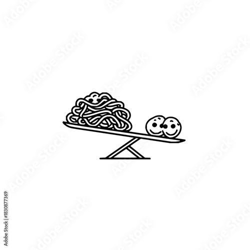 Line drawing of spaghetti and two smiling faces on a seesaw, illustrating balance and comparison concept