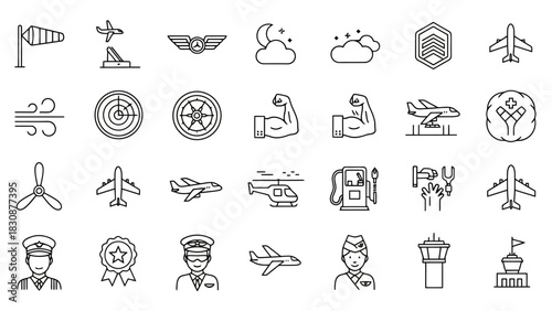 Aviation Icon Set: Vector Illustration for Aerospace, Flight, and Airport Design Concepts.