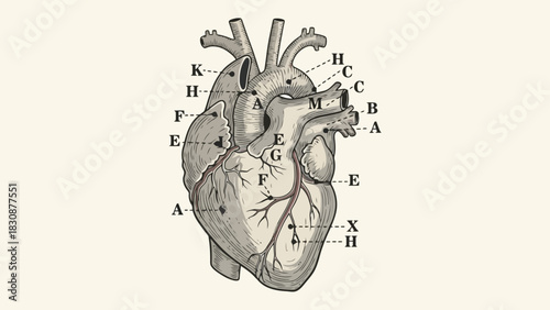 Detailed heart anatomy diagram showing cardiovascular system for medical education and learning