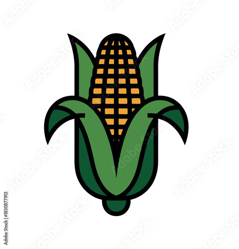 A stylized, graphic illustration of a ripe ear of corn with its husks peeled back.
