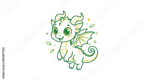 Cute cartoon dragon with big eyes and small wings smiling happily.