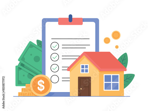 Clipboard with checklist house money and coins representing real estate finance