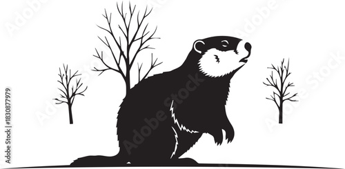 Black and white illustration of a badger standing in a barren winter landscape