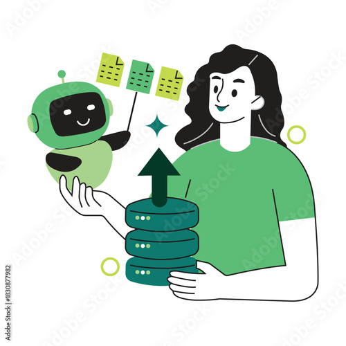 LLM training and machine learning vector. Artificial intelligence bot assisting person with data management, cloud computing, and automated information processing tasks.
