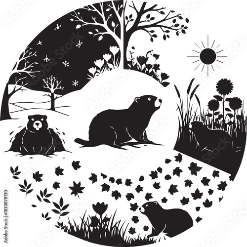 Woodchuck life cycle with changing seasons in a circular design