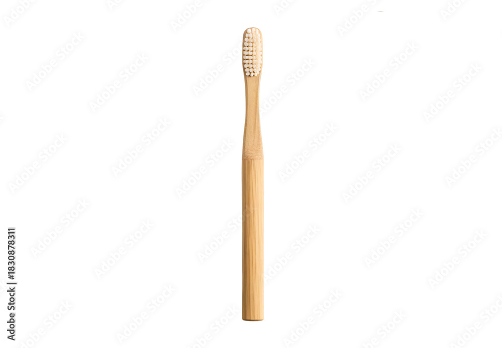 Obraz premium Natural bamboo toothbrush with bristles, vertical orientation, isolated on a transparent background