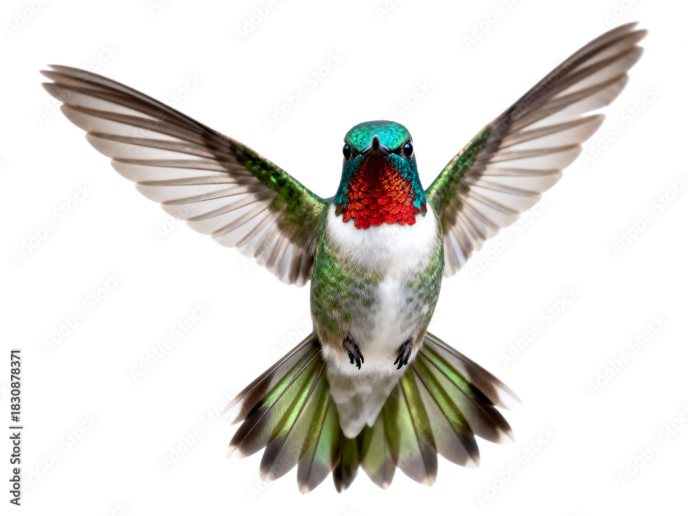 Obraz premium Ruby throated hummingbird in flight against black flying hummingbird, ruby throated hummingbird, bird, flying, flight, wings spread, nature, wildlife, animal, small bird, iridescent, green, red, white
