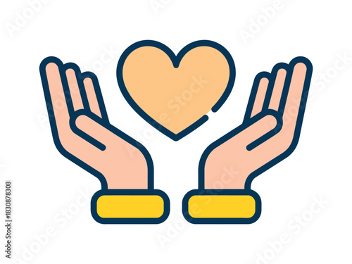 Two open hands gently holding a heart symbol, representing care and compassion in a simplified graphic style.