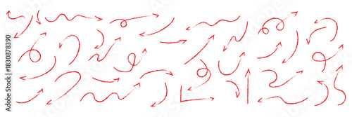 Sketchy arrow with pen, crayon, and chalk effects. Hand drawn style with brush and pencil strokes. Flat vector illustration isolated on white background.