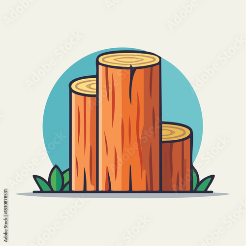 Three Wooden Logs Standing Tall in a Field With Green Grass and a Blue Circular Background