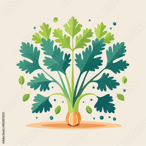 Abstract Stylized Celery Plant With Green Leaves and Orange Base on Neutral Background With Small Floating Leaves
