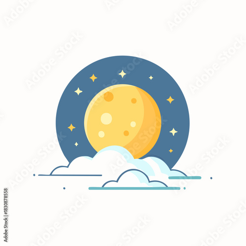 Stylized Yellow Moon Shines Brightly Behind Fluffy White Clouds Against a Dark Blue Starry Night Sky Circle with Celestial Sparkles
