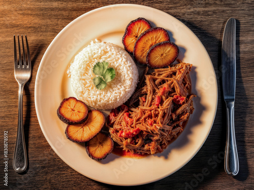 Cuban Ropa Vieja with Rice and Fried Plantains