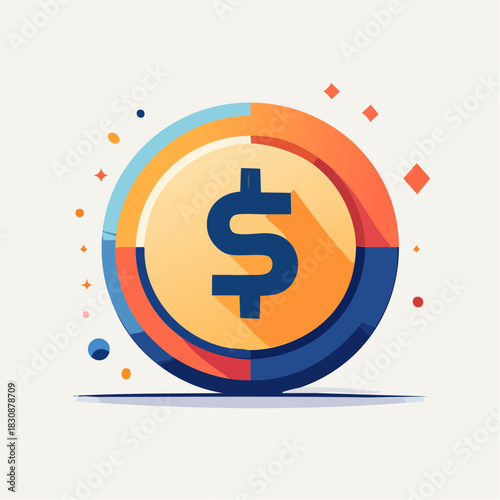 Golden Coin With Dollar Symbol in Vibrant Orange Blue and Yellow Abstract Design on Light Background