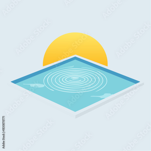 Ripples on a clear blue swimming pool surface with a bright yellow sun setting behind on a clear day with light clouds and a calm atmosphere