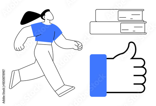 Education concept. Woman walking near books and thumbs-up symbol positivity and learning. Education embodies growth and encouragement. Great for e-learning, guidance, motivation , academic projects