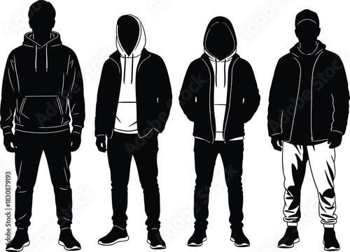 Silhouette group of casual men wearing hoodies and jackets standing together, urban streetwear fashion illustration, modern anonymous male figures artwork
