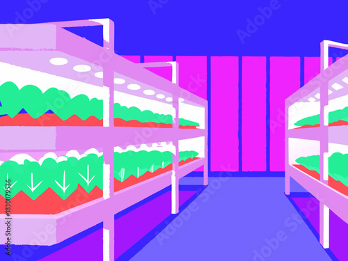 Isometric Smart Farming Hydroponic Shelves with Pink LED Grow Lights and Lettuce