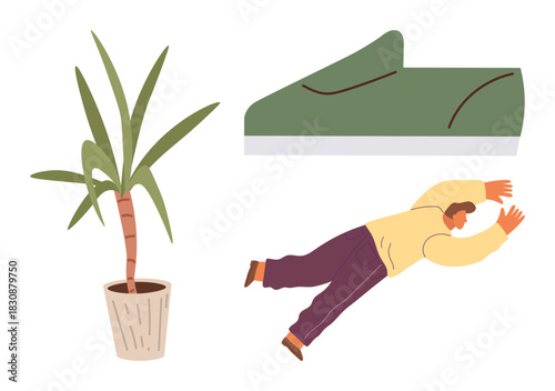 Person mid-fall, green shoe, and potted plant suggest humor, surrealism, or misstep. Ideal for safety, clumsiness, balance accident hilarity human action abstract concepts. A simple flat metaphor