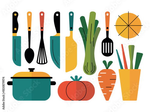 Flat design kitchen utensils and vegetables on a white background vector art