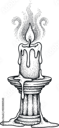 Black and white stipple illustration of a vintage burning candle on a classic Roman column pedestal holder