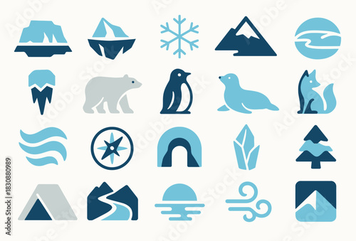 Glacial Wildlife and Nature Icon Set with Snow and Ice Features