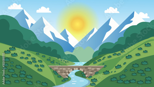 Sunny alpine valley with snow capped mountains and stone bridge