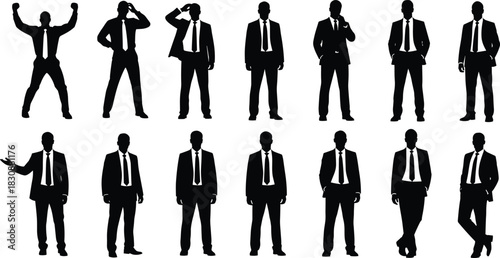 Silhouettes of business men in formal suits displaying various professional poses, confident standing positions, corporate gestures, leadership expressions, and executive office attitudes