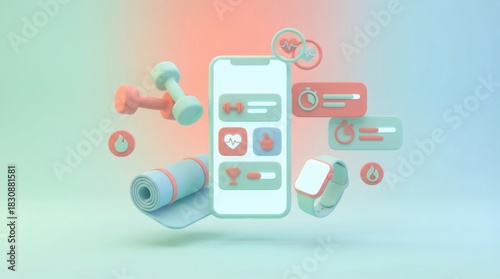 Wallpaper Mural Fitness app concept with smartwatch, dumbbells, and yoga mat Torontodigital.ca