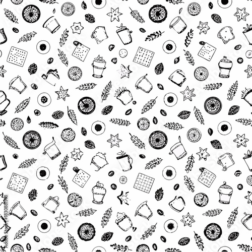 Food seamless pattern. Vector illustration in sketch style. Vintage background for restaurant menu and decoration
