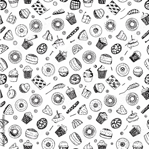Food seamless pattern. Vector illustration in sketch style. Vintage background for restaurant menu and decoration