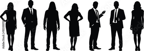 Silhouettes of diverse business professionals and casual individuals standing in various confident poses, representing teamwork, leadership, modern workforce, corporate culture