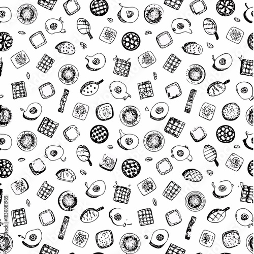Food seamless pattern. Vector illustration in sketch style. Vintage background for restaurant menu and decoration