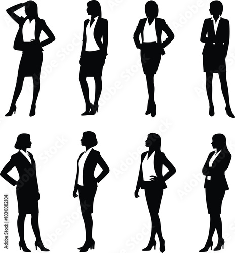 Silhouettes of confident businesswomen standing in various professional poses, showcasing leadership, elegance, empowerment, modern corporate style, and workplace professionalism