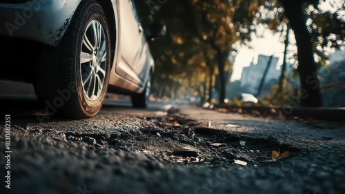 car wheels running and closed up Very bad quality street with potholes. have tree. Damaged asphalt pavement road with potholes in city, dangerous, broken, garage 