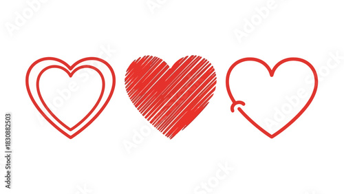 Set of three outlined and sketched red hearts on a white background, representing love and emotion