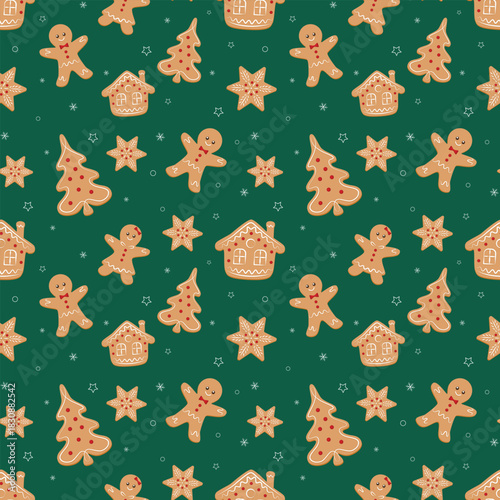 Seamless pattern Christmas theme with ginger breads, candies, Christmas tree, stars. Vector illustration.