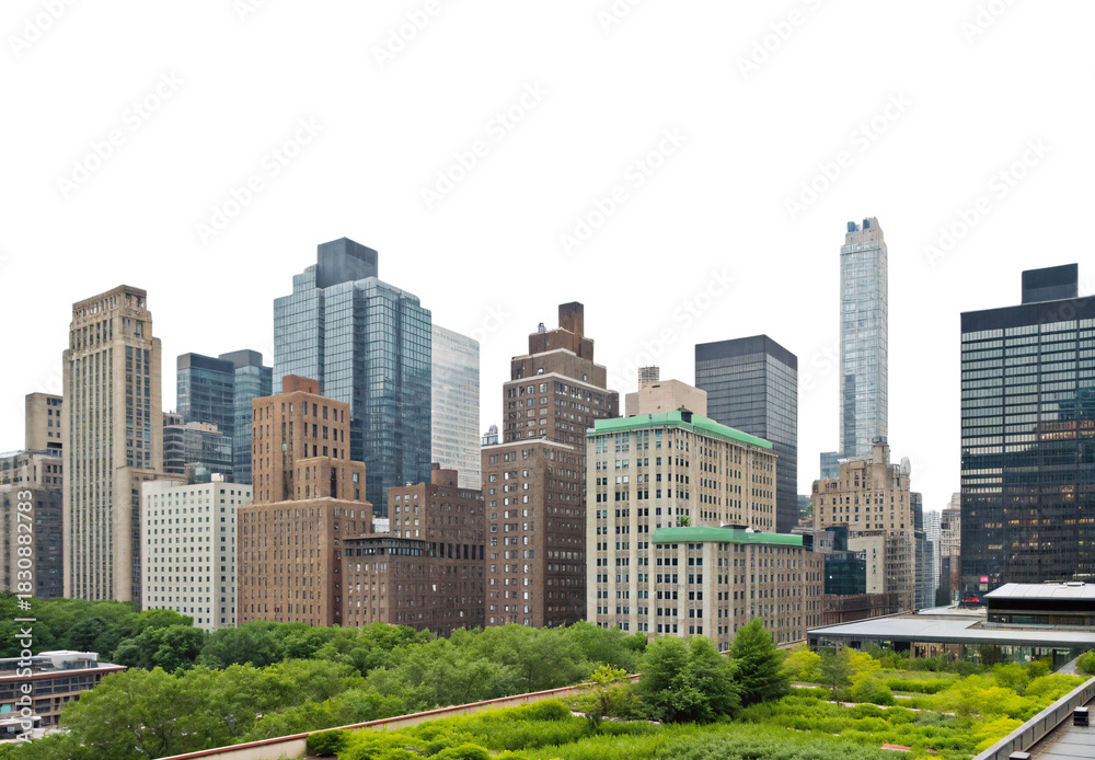 Fototapeta premium Urban city skyline with green rooftops and modern high-rise buildings, isolated on a transparent background