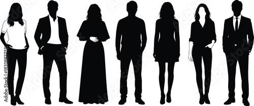 Silhouettes of diverse standing men and women in casual and formal outfits representing modern people, fashion styles, group concept and human figures
